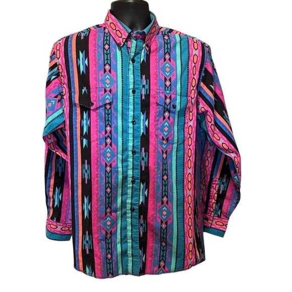 Wrangler Other - Vintage 90s Wrangler 16 1/2 x 34 Button Down Shirt Aztec Stripe Cowboy Cut USA